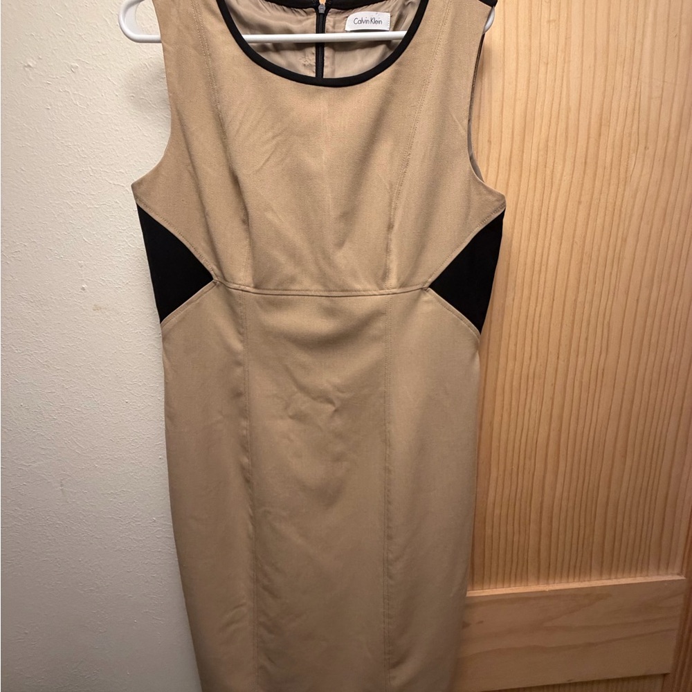 Calvin Klein Beige Sheath Dress with Black Panels